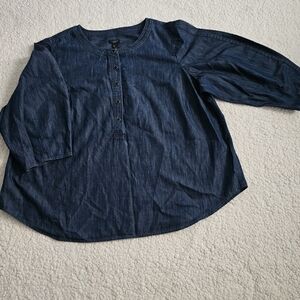 Talbots Denim Shirt Womens 3x Blouse Tunic Five Buttons 3/4 Sleeve